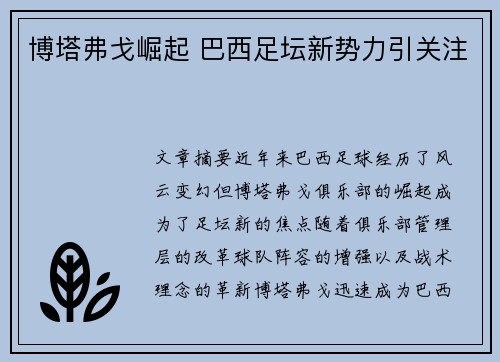 博塔弗戈崛起 巴西足坛新势力引关注