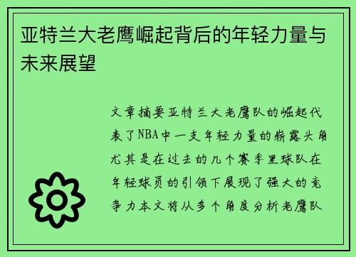 亚特兰大老鹰崛起背后的年轻力量与未来展望