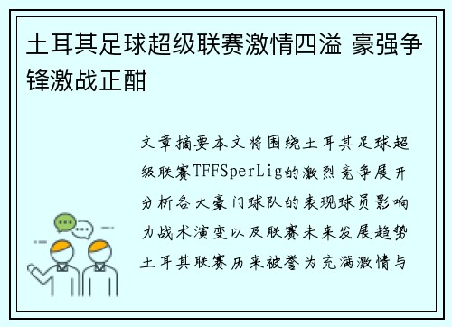 土耳其足球超级联赛激情四溢 豪强争锋激战正酣