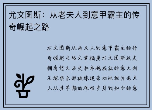 尤文图斯：从老夫人到意甲霸主的传奇崛起之路